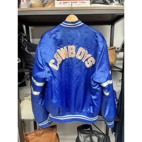 Vintage 1980s Shain Of Canada NFL Dallas Cowboys Blue Satin Bomber Jacket Size L